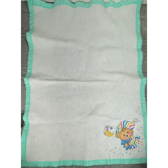Vintage Riegel Teddy Beddy Bear Crib Blanket Green Trim 100% Polyester 36x45" - Picture 6 of 12